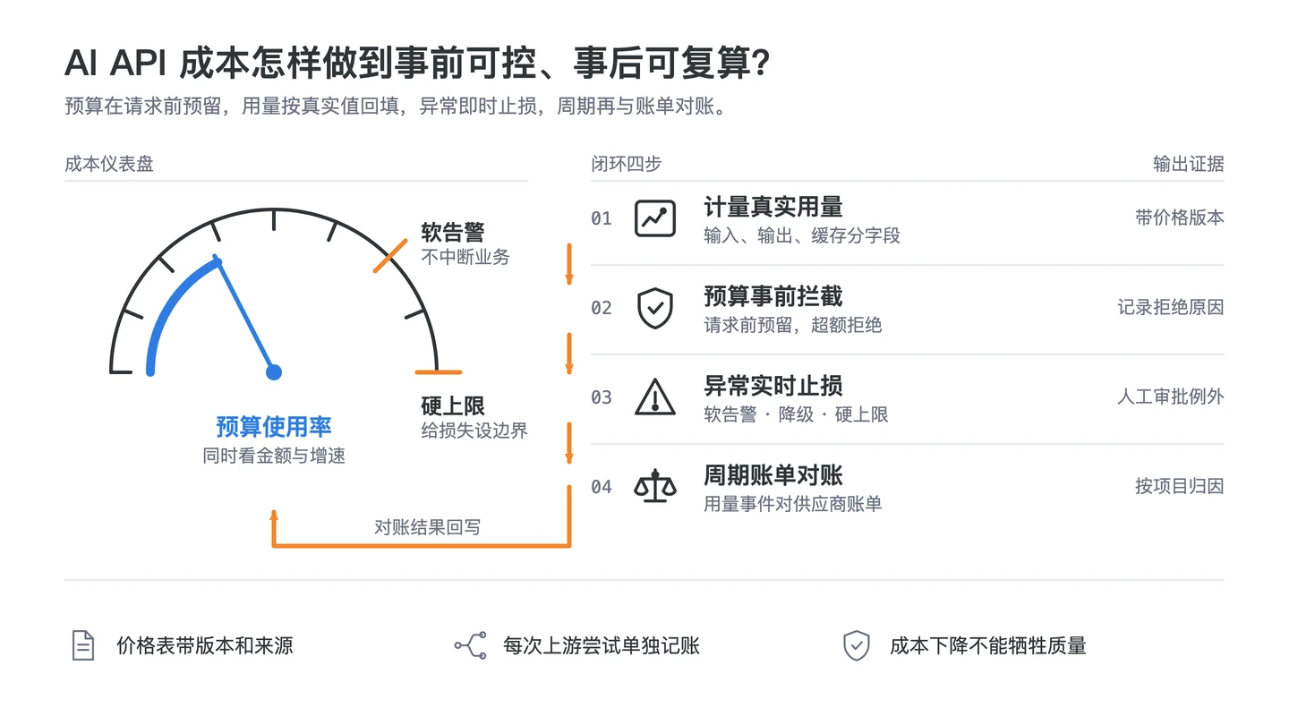 AI API 成本控制信息图：计量真实用量、预算事前拦截、异常实时止损与账单周期对账