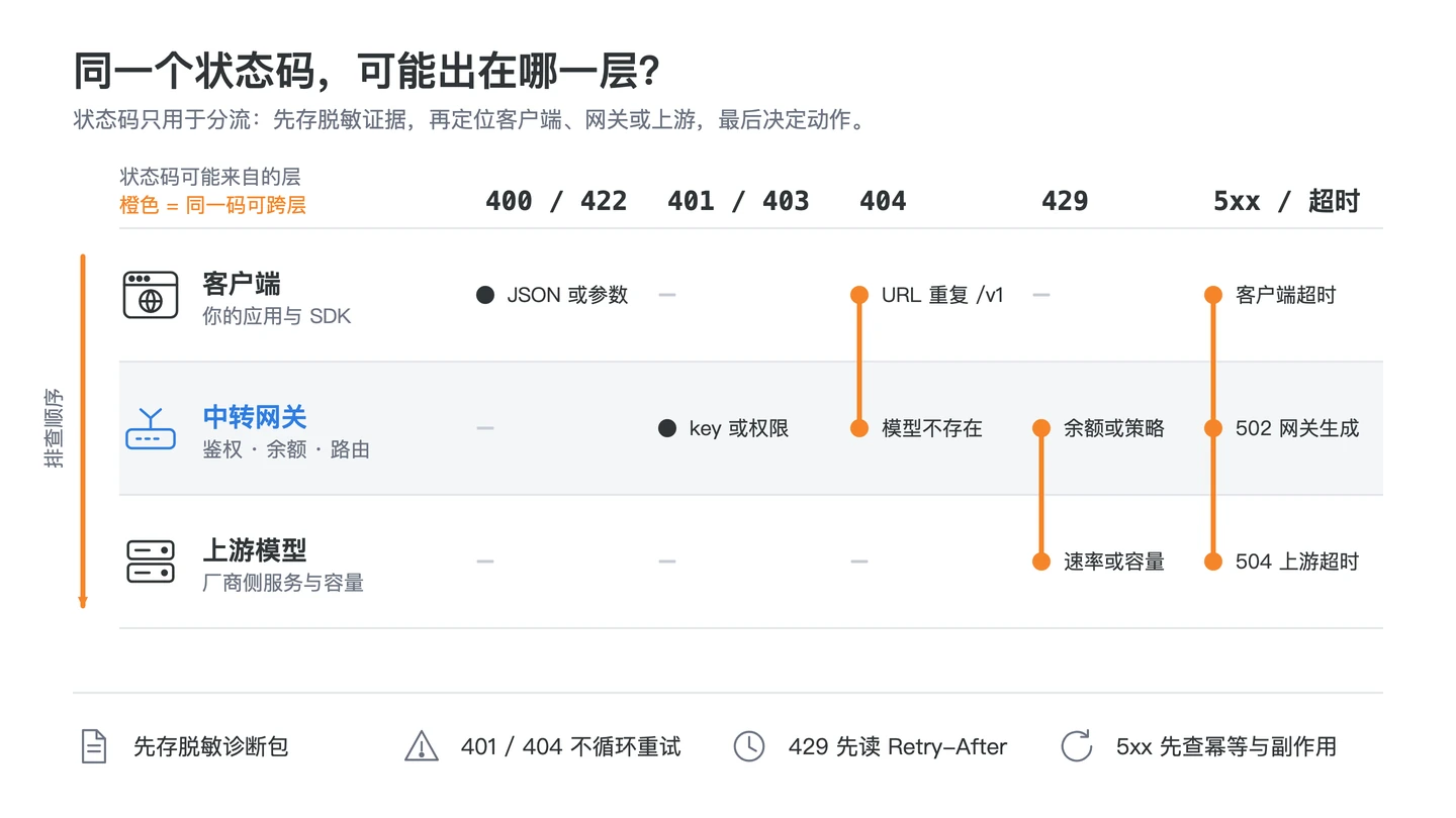API 中转站错误码排查依次保存证据、识别层级、判断副作用并选择动作