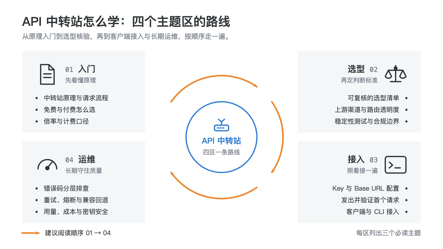 API 中转站知识路线包含理解原理、完成选型检测、接入模型客户端和安全稳定运行