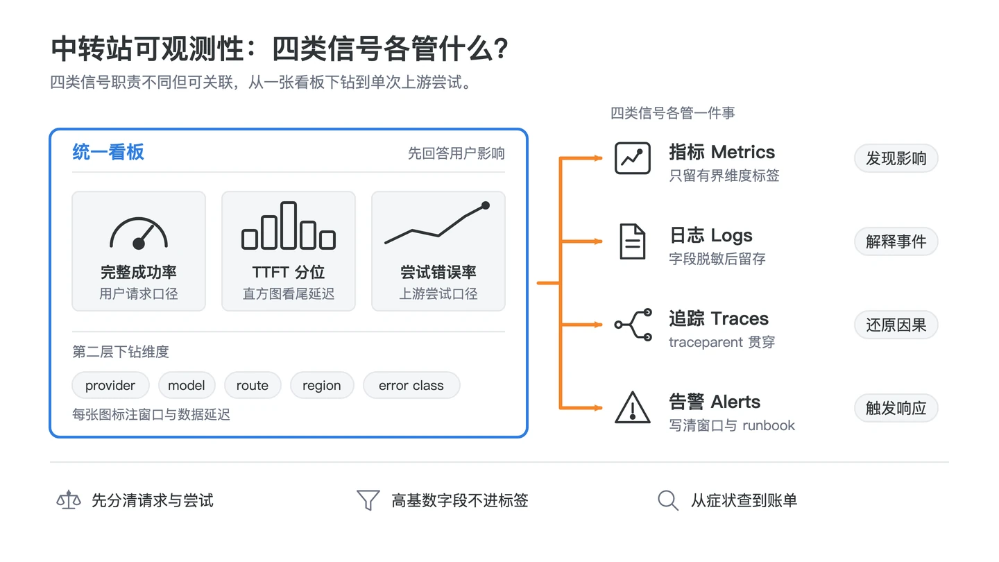 API 中转站可观测性从定义边界、关联信号、定位上游尝试到复盘对账的四步流程