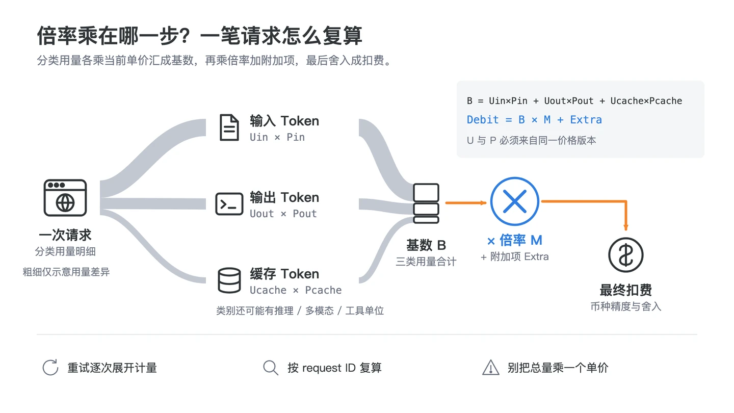 回答“API 中转站倍率是什么意思”的请求级费用复算中文信息图，包含分类用量乘当前单价、应用公开倍率与附加项、用 request ID 核对扣费、异常时冻结并回滚规则四个判断点