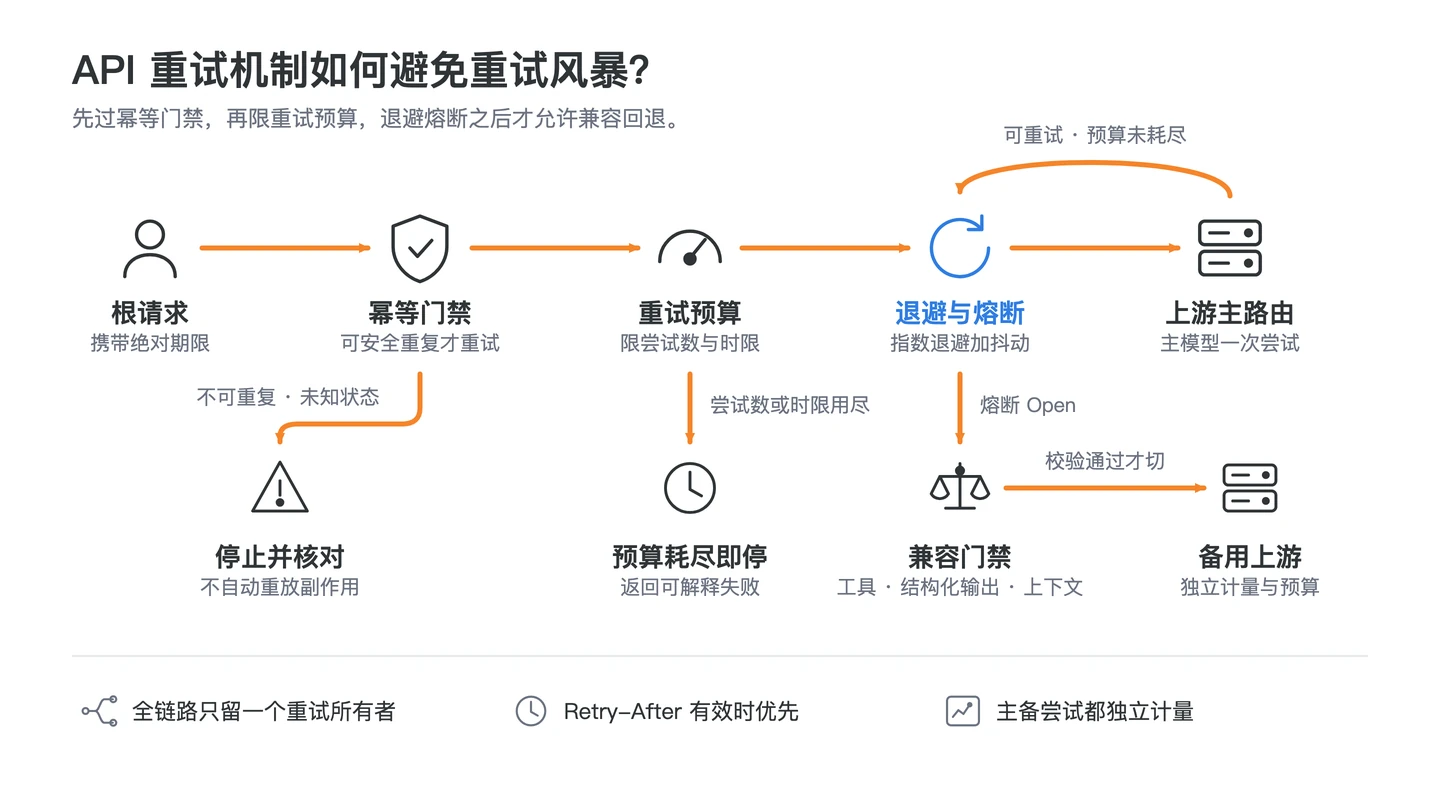 API 重试机制依次执行幂等门禁、限制预算、退避熔断和兼容回退