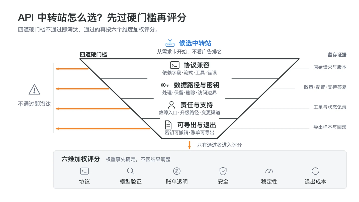 回答“API 中转站怎么选”的API 中转站选型闭环中文信息图，包含先过四项硬门槛、同条件验证六维证据、保存指标与排障结论、预设退出与复测触发四个判断点