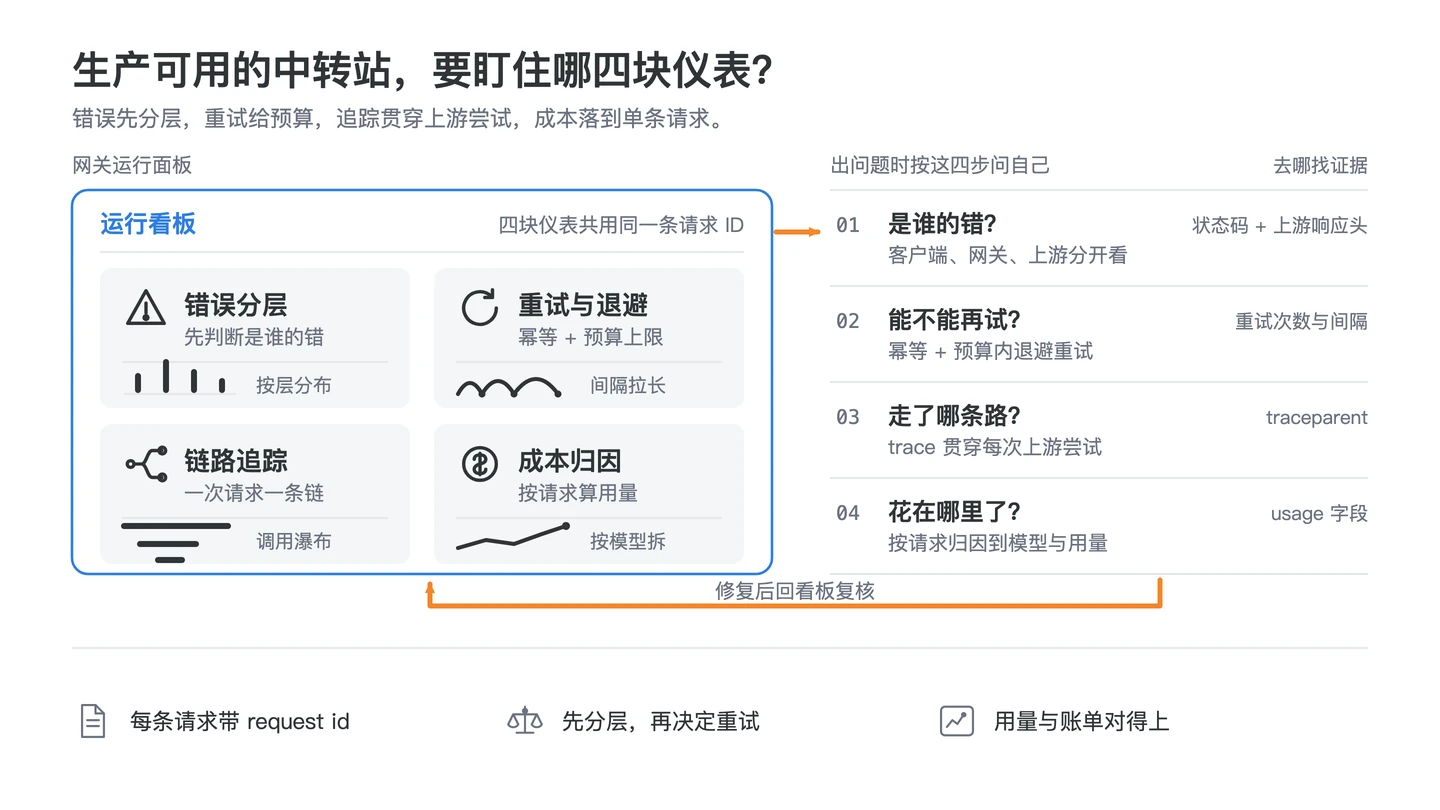 API 网关运维路线包含识别错误限流、设置重试熔断、追踪请求用量和控制安全成本
