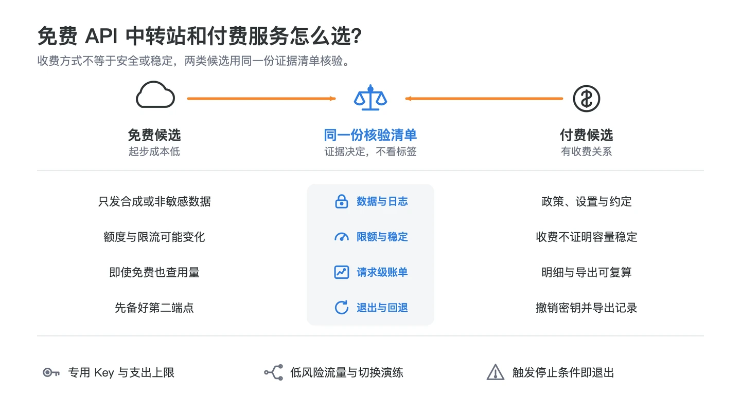 回答“免费 API 中转站和付费服务怎么选”的免费与付费服务决策中文信息图，包含先按数据场景分流、再核对连续性与账单、记录指标并排查失败、停止条件触发即退出四个判断点