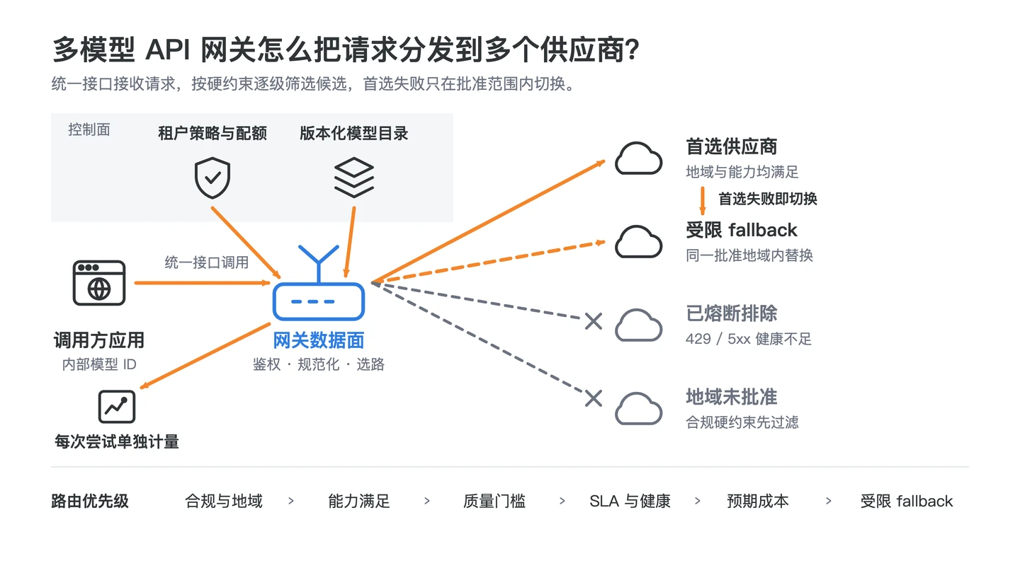 多模型 API 网关封面，展示身份策略、能力路由、协议适配与观测计量四个核心组件